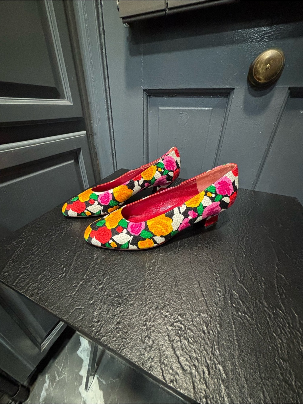 Charles Jourdan Multicolor Floral Embroidered Low Heel Pumps